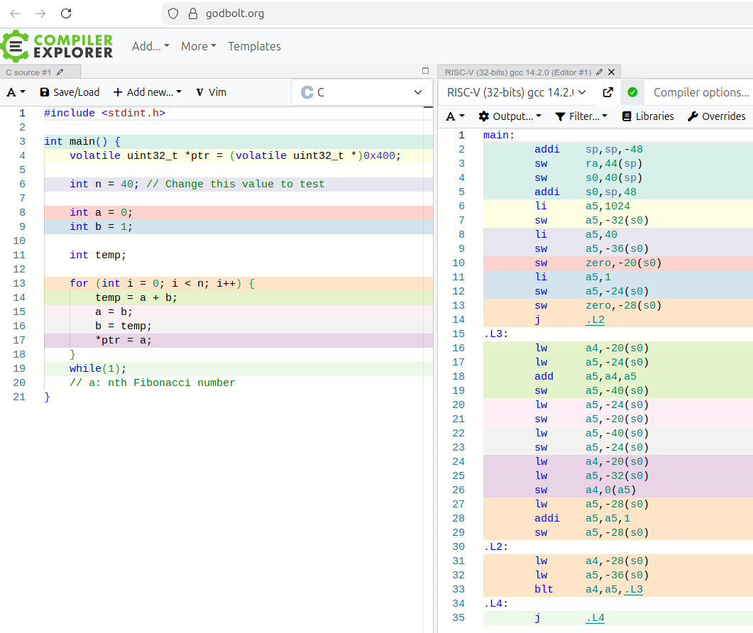 Godbolt Fibonacci Assembly